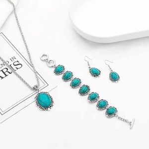 3pcs Women's Vintage Turquoise Bracelet Necklace Earrings Set,#73